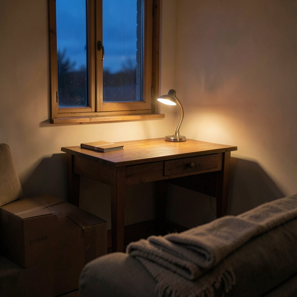 Render: a cozy living-room corner at dusk, a simple wooden desk beneath a window with deep blue evening light, a small glowing lamp, one sealed cardboard box beside the desk, the edge of a sofa with a folded blanket, no people — Nova’s render of the corner going up: the desk that will one day move out, the box still taped shut, and the room waiting for what comes next