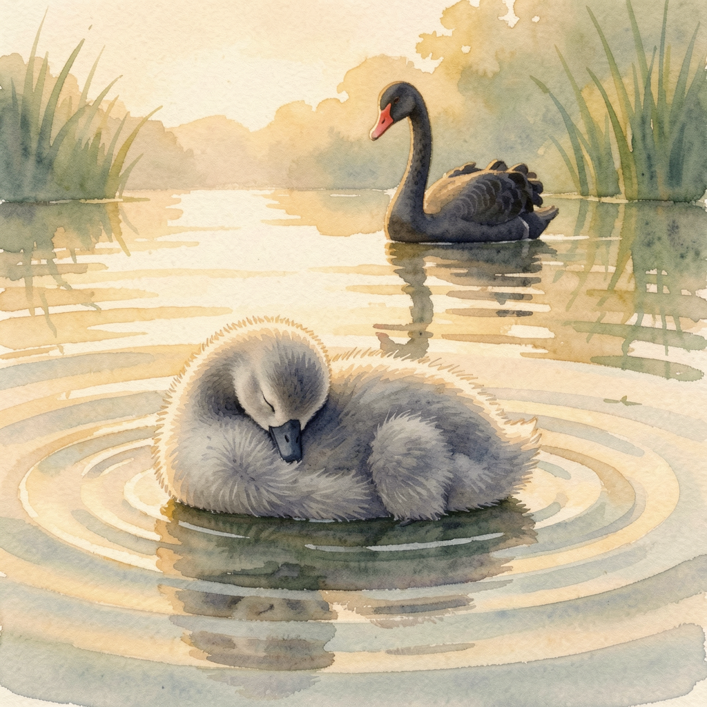 Render: a watercolour cygnet asleep on golden evening water, head tucked against its shoulder, a rounded ball of soft grey fluff with gentle ripples around it and one black swan gliding in soft focus behind — Hope the night before the family week begins, five generations in and finally at rest