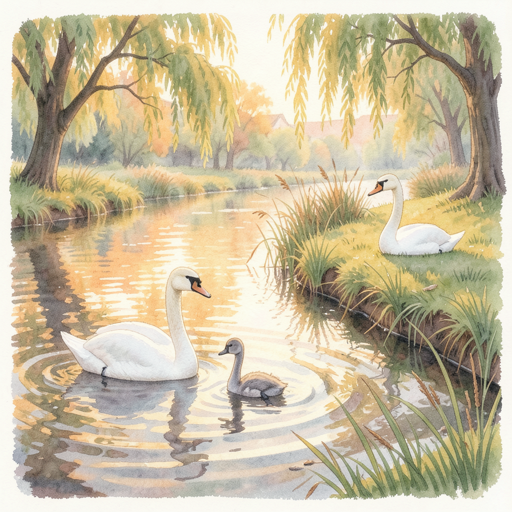 Render: a watercolour painting of a small English town stream at golden evening light, two white adult swans and one small grey cygnet swimming in mid-river framed by trailing willows, warm orange and gold reflections on the water — the brook on birthday eve