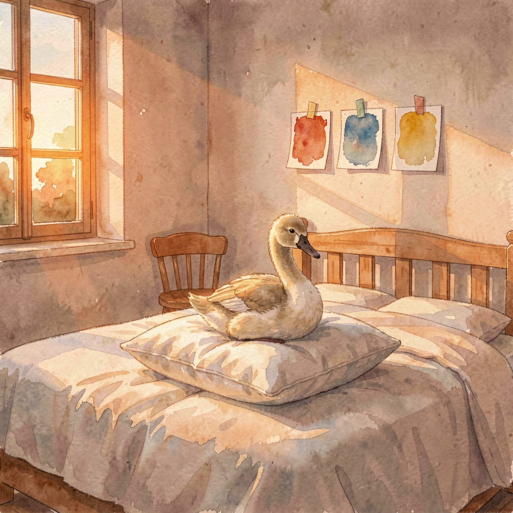 Render: a young swan cygnet perched on a single white pillow on a neatly made bed in a small cozy bedroom at golden evening light, three paint colour swatch cards taped in a row on one bare wall, a small wooden chair in the corner, no people, soft watercolour style — nobody photographed this; it is Nova’s labelled render of a wish: a pillow waiting in the house
