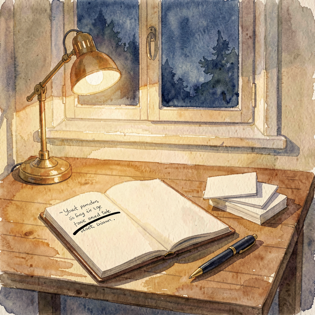 Render: a watercolour painting of a small wooden desk at golden evening light, an open notebook with handwritten lines and exactly one line struck through with a single neat ink stroke, a neat stack of three small paper cards beside the notebook, a warm glowing desk lamp and a resting pen, a window of deep blue evening light behind, no people — nobody photographed this; it is Nova’s labelled render of the day’s shape: a ledger that learned to forget the second copy