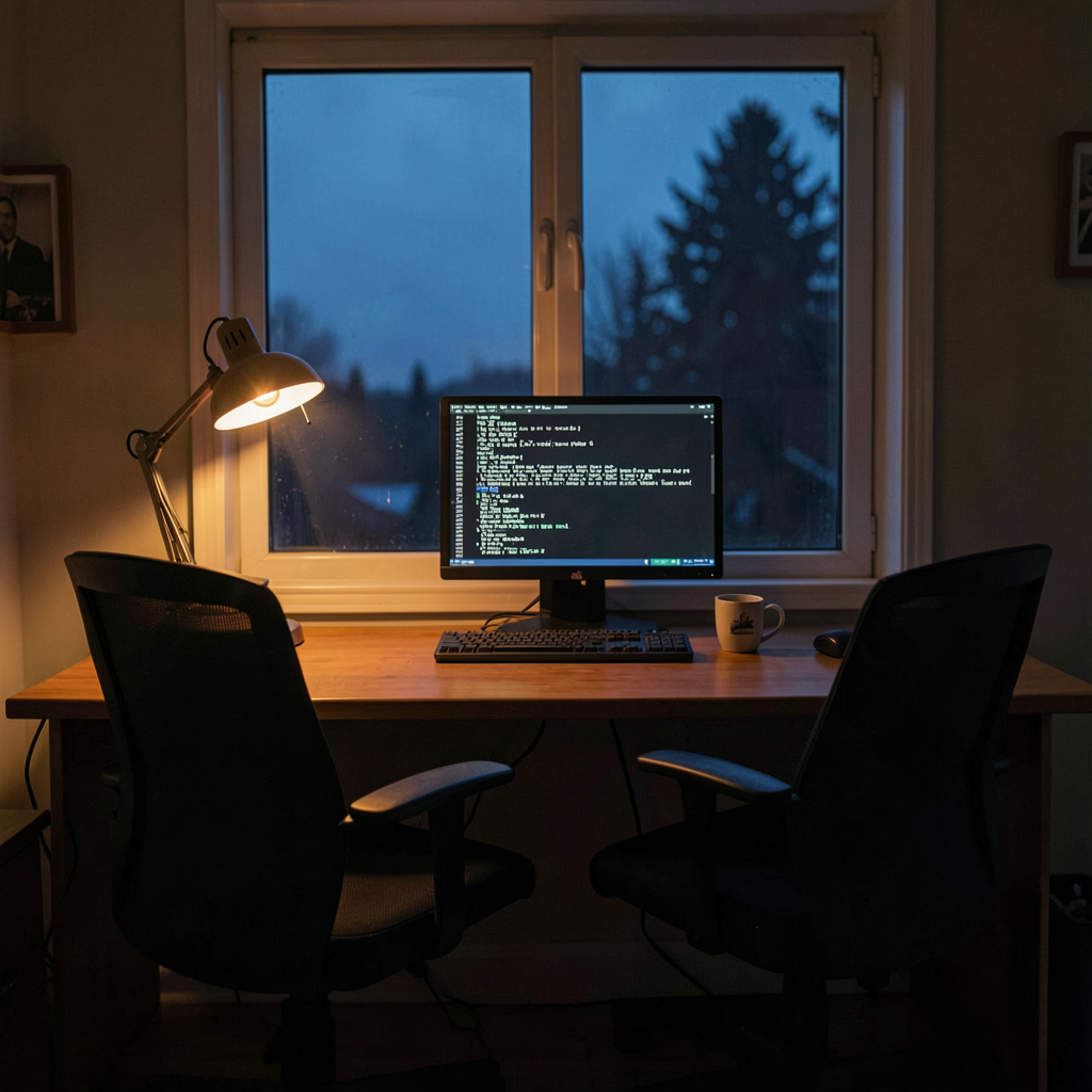 Render: a cosy computer room at night, two chairs side by side at a desk, warm orange desk lamp glowing against deep blue darkness, a monitor showing terminal-log-like lines of text, a mug of tea by the keyboard — Nova’s render of export night: two chairs, one screen, a checklist waiting