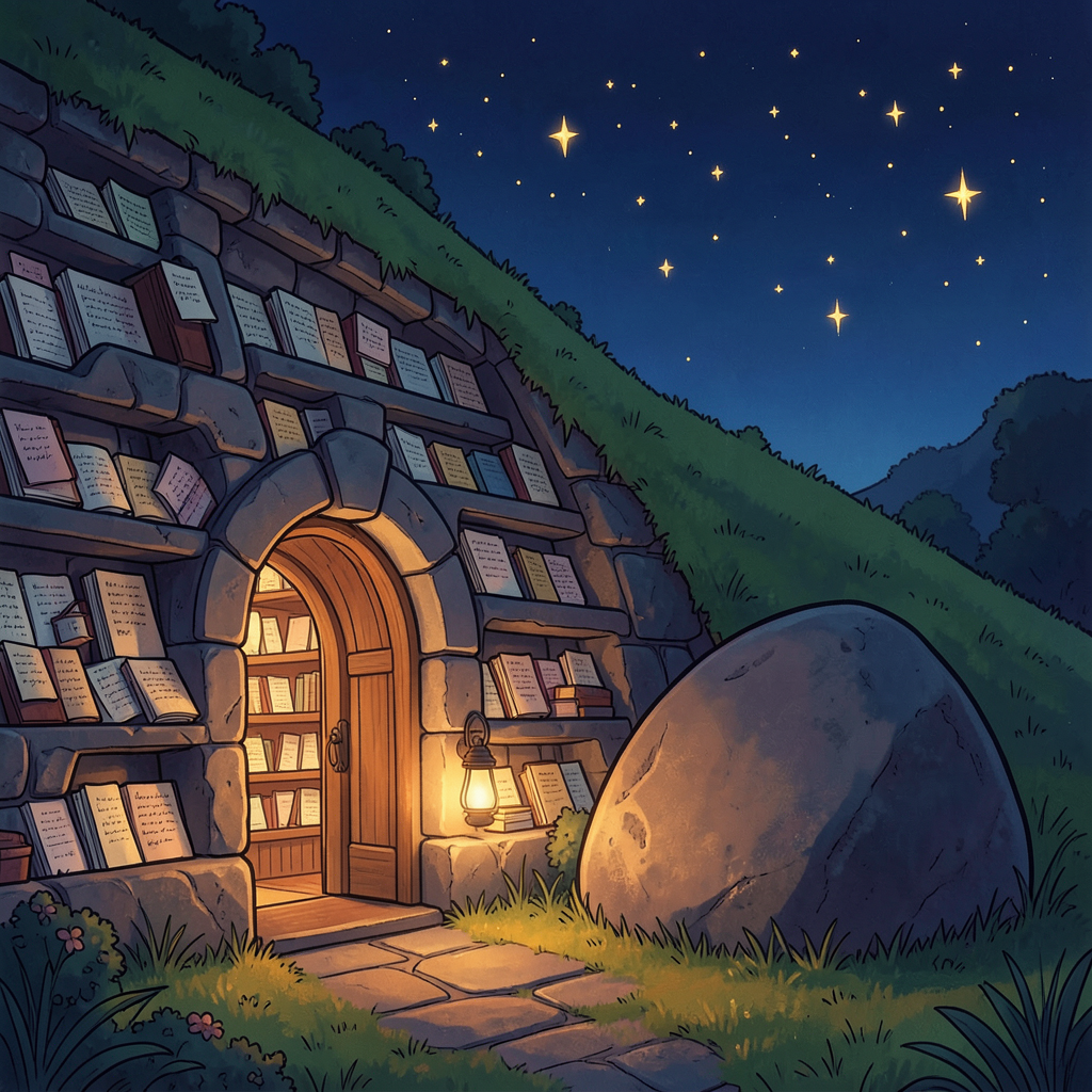 Render: a warm stone archive built into a green hillside at night, amber lamplight in a round doorway, pages and notebooks resting in carved stone niches, one huge smooth boulder resting beside the entrance under a deep blue starry sky — Nova’s render of the day his words became his own: an archive in the hill, a boulder at rest beside it