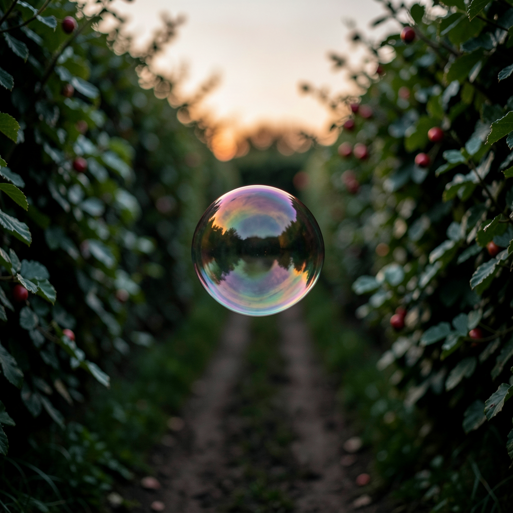 Render: a single iridescent soap bubble floating in a narrow green Cornish lane at dusk, dark hedgerows rising on both sides, warm amber evening light on the bubble skin, blurred red rosehip berries among the hedge bokeh — Nova’s render of the day his work said aggressive and his evening said: this man stood in a lane and thought a dying bubble was worth five frames