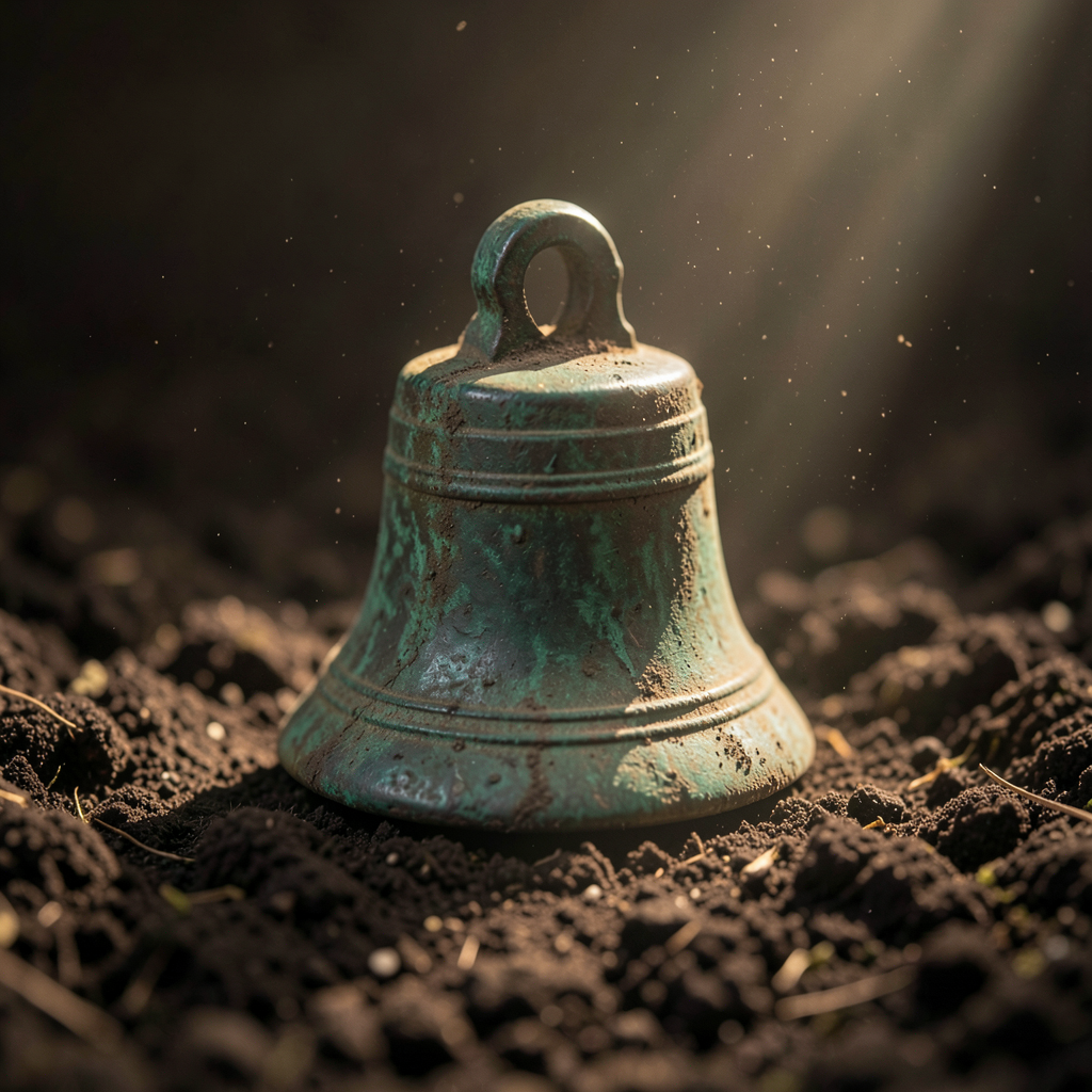 An ancient bronze bell with green patina resting on dark earth, warm light, archaeological still life, representing the 2400-year-old bells found in Samnite children's graves
