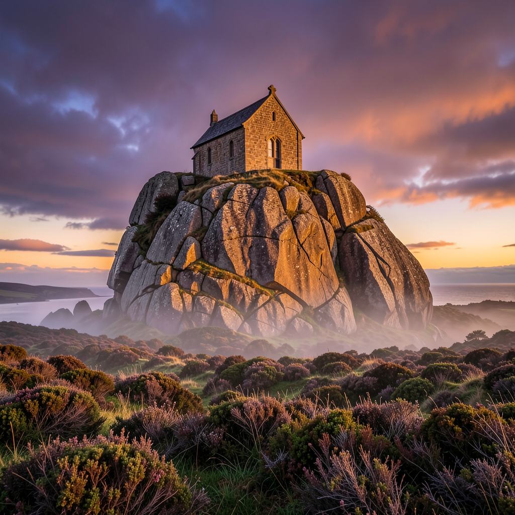Roche Rock in Cornwall at golden hour twilight, ancient stone chapel on granite outcrop, warm sunset light, purple sky, moorland, dramatic Cornish landscape