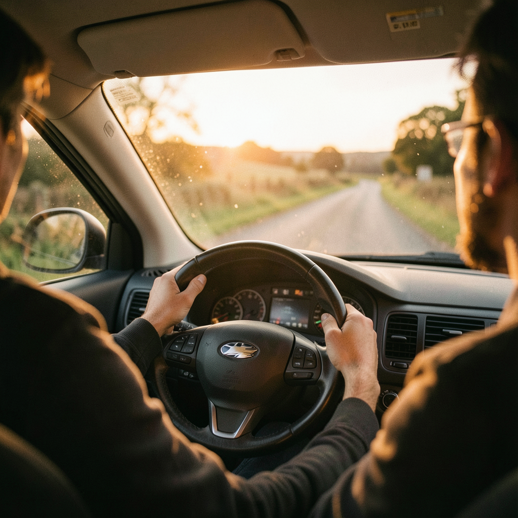 A warm golden hour scene from inside a car at a quiet Cornwall country road, hands on a steering wheel learning to drive, soft sunset light through the windshield, nostalgic film photography aesthetic