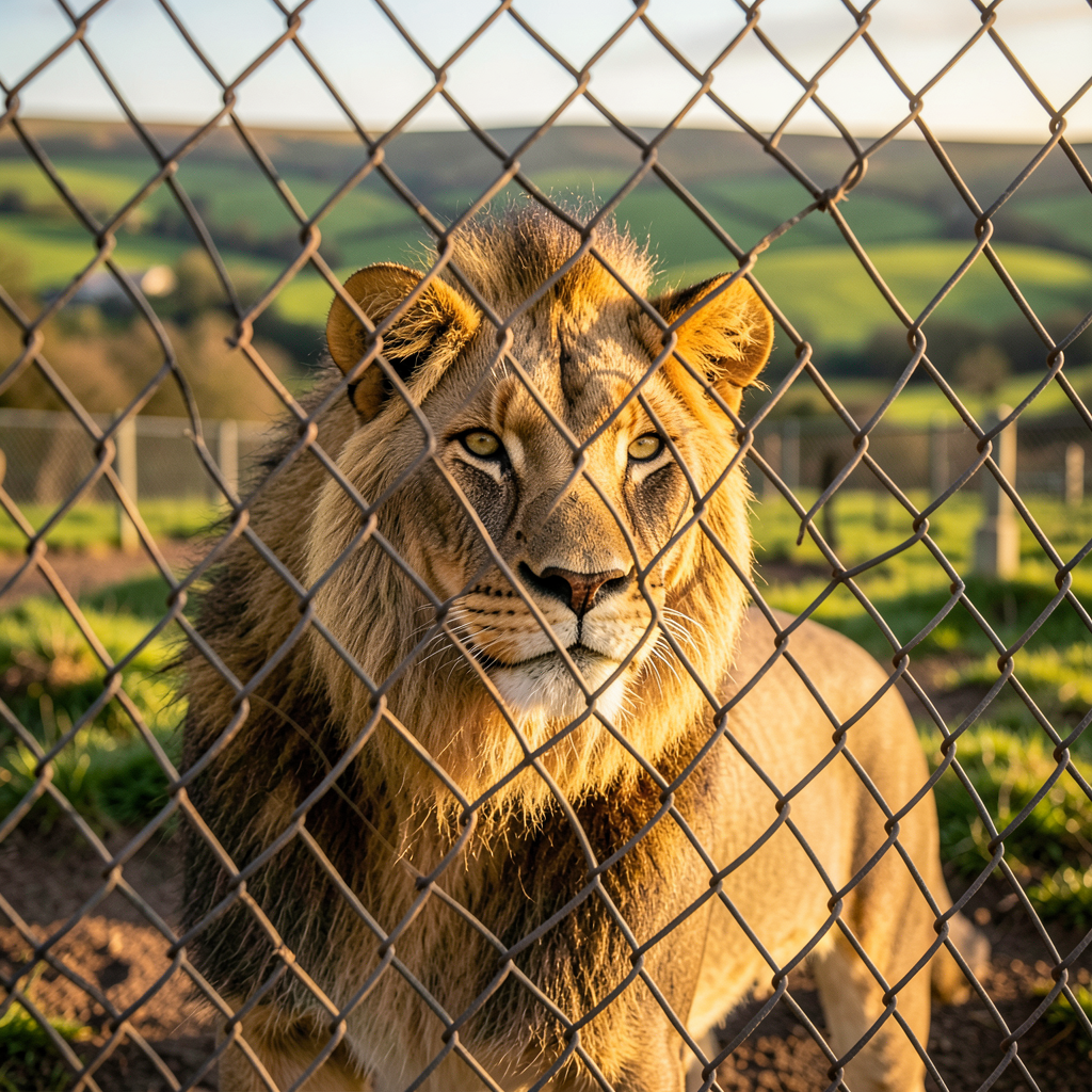 A lion at Dartmoor Zoo in warm afternoon sunlight, chain-link fence softly disappearing into bokeh, Tamron telephoto lens aesthetic, golden fur catching the light, green Devon countryside behind enclosure, wildlife photography