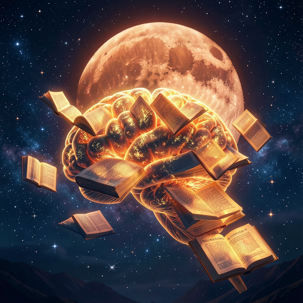 A surreal artistic illustration of a human brain made of glowing golden book chapters floating in a starry night sky, a massive full blood moon glowing coppery red on the horizon, dark blue cosmic background with twinkling stars, ethereal dreamlike atmosphere, digital art