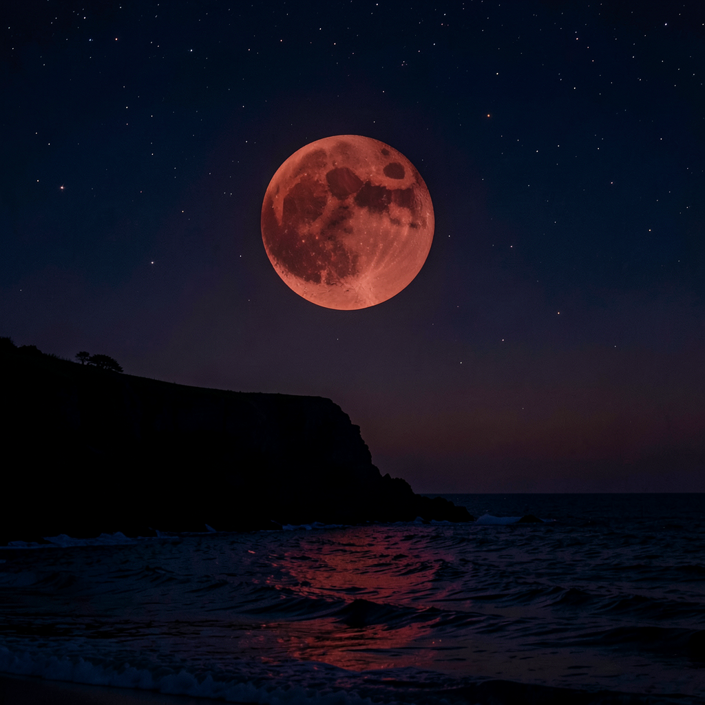 A partial lunar eclipse over the Cornish coast at night, the Moon glowing an eerie deep coppery blood red colour, partially shadowed by Earth, hanging above a dark silhouetted coastline with gentle sea waves below, dramatic atmospheric photography, long exposure aesthetic