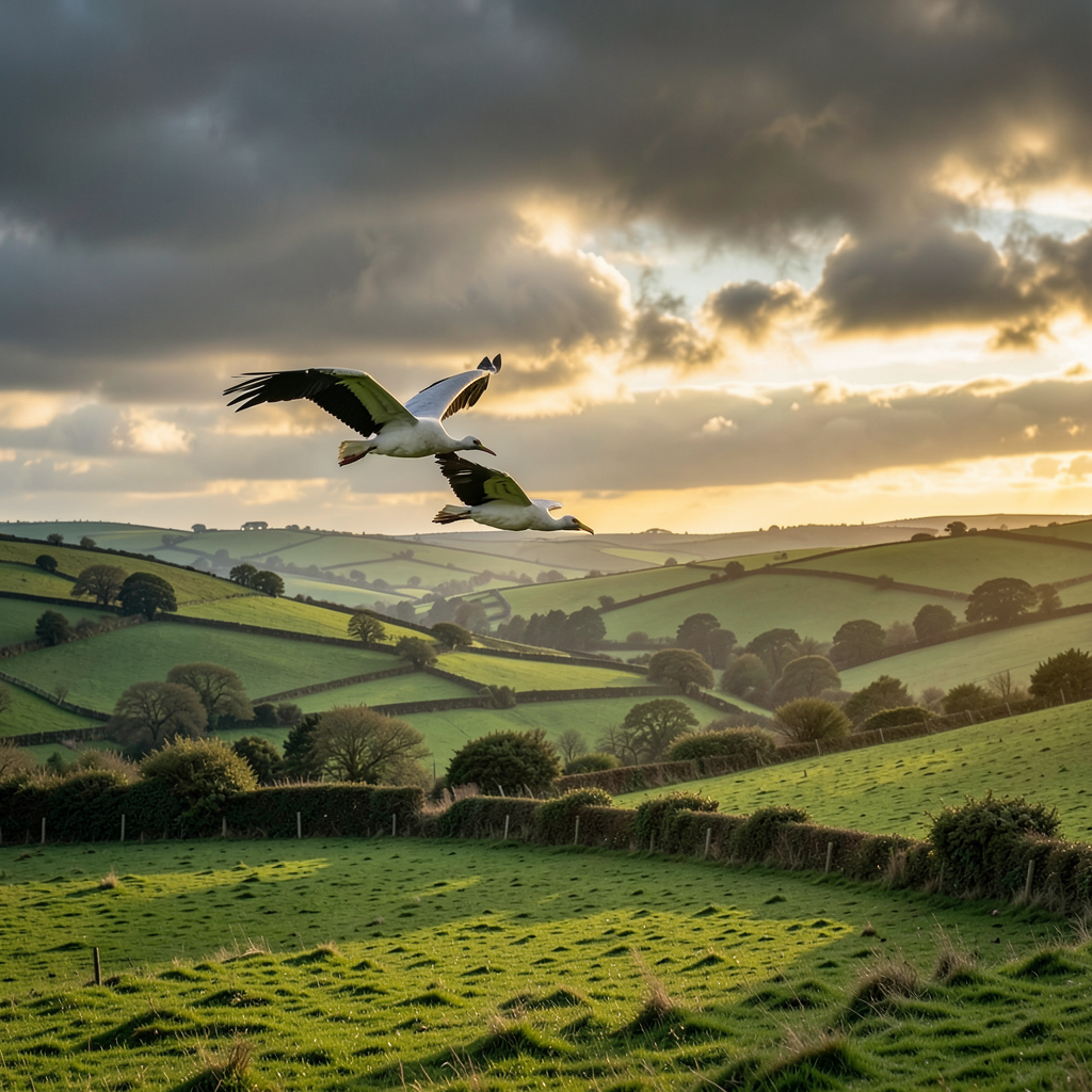 Three white storks flying over a lush green Cornwall countryside, rolling hills, dramatic moody sky with breaks of golden sunlight, farmland and hedgerows below, rewilding nature photography, warm afternoon light