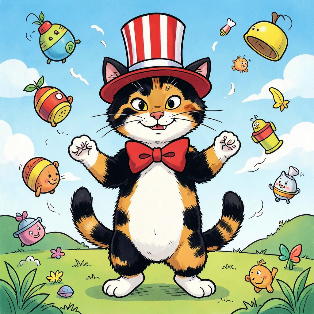 Luna the tortoiseshell cat dressed as the Cat in the Hat from the Dr. Seuss book, wearing a tall red and white striped top hat and red bow tie, whimsical children's book illustration style, mischievous grin